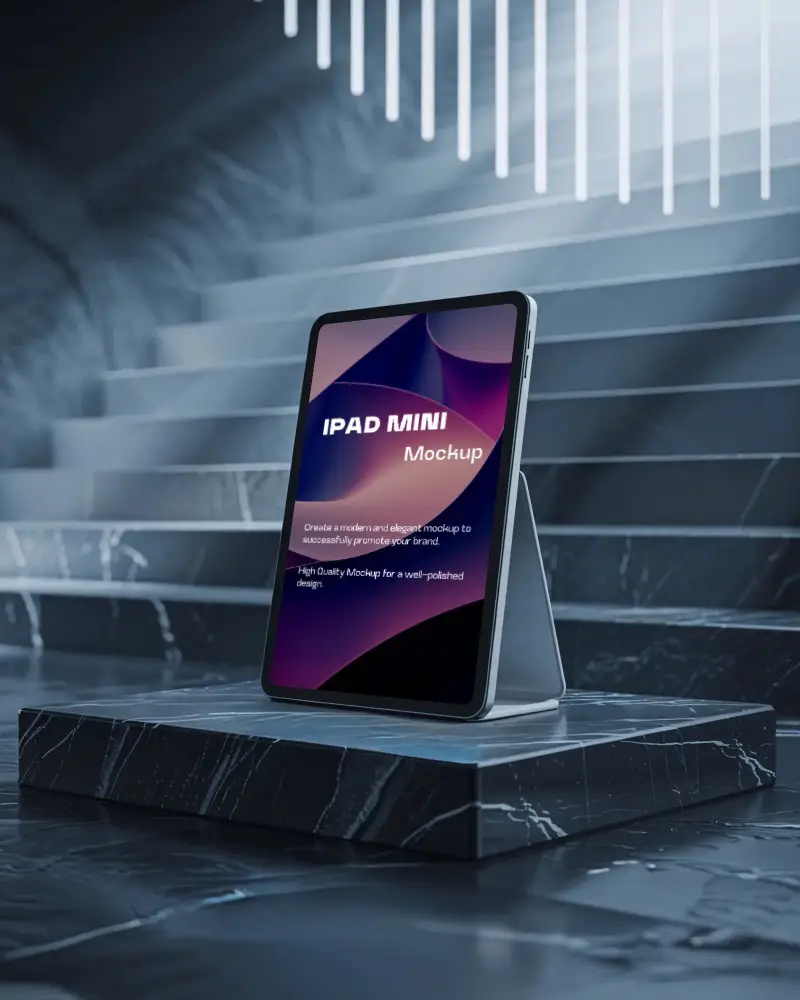 ipad-mini-mockup-on-dark-marble-pedestal-in-blue-lit-staircase-with-modern-led-lights
