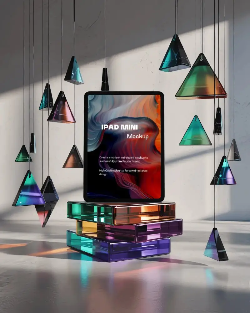 ipad-mini-mockup-on-colorful-glass-blocks-with-hanging-prisms-and-soft-art-studio-light