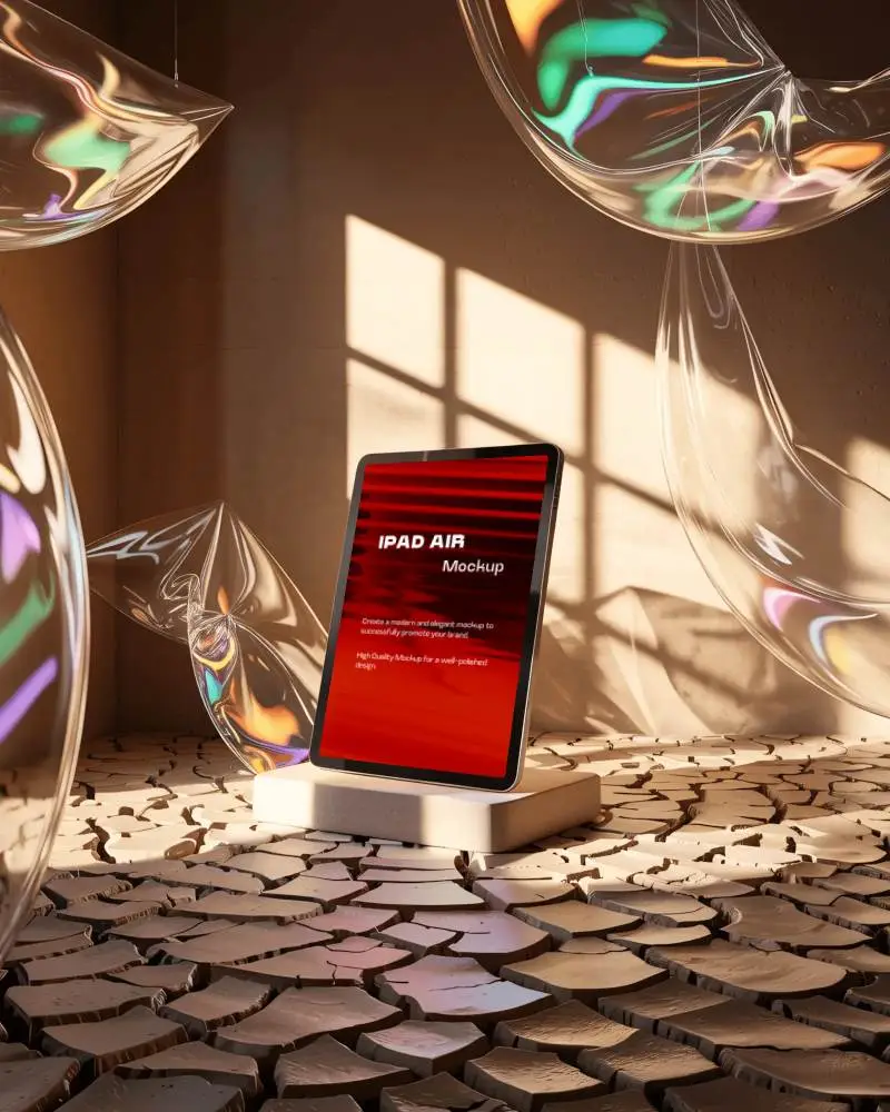 ipad-air-mockup-on-earthy-podium-with-floating-glass-forms-and-warm-sunlit-shadows