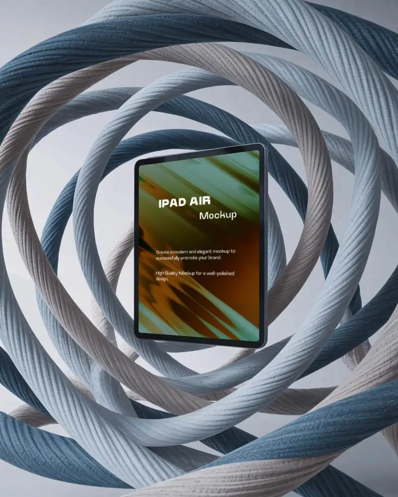 ipad-air-mockup-floating-in-center-of-twisted-soft-rope-sculpture-with-modern-light