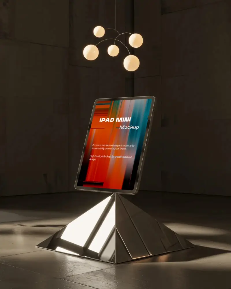 ipad-mini-mockup-on-pyramid-base-under-modern-globe-chandelier-in-moody-studio-light