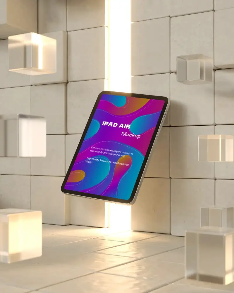 ipad-air-mockup-floating-in-tile-room-with-glowing-gap-and-transparent-cube-elements