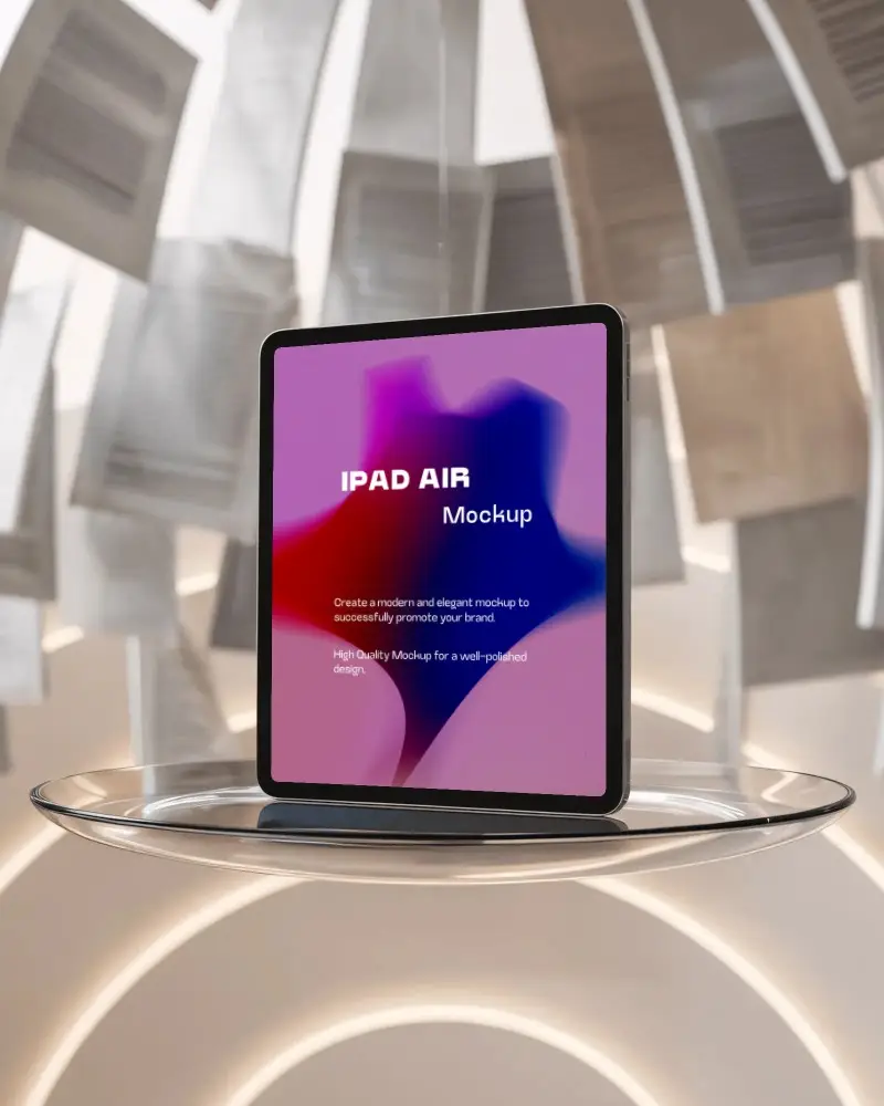 modern-ipad-air-mockup-floating-on-clear-platform-amid-curved-sheets-and-warm-glow