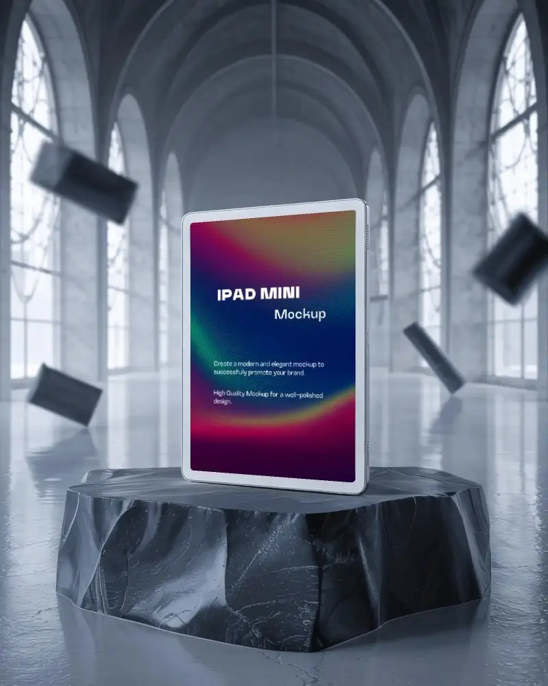 ipad-mini-mockup-in-elegant-cathedral-room-with-floating-objects-and-glossy-floor