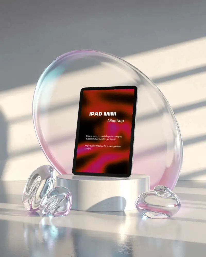 artistic-ipad-mini-mockup-surrounded-by-transparent-blobs-and-hazy-colored-disc