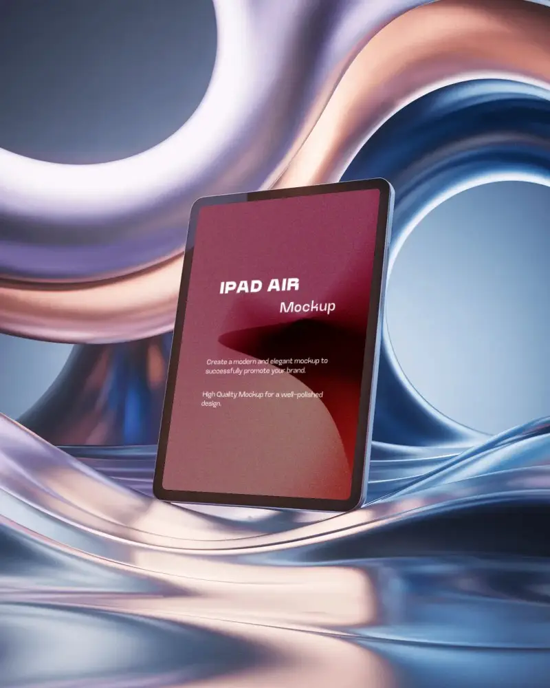 ipad-air-mockup-floating-on-metallic-fluid-surface-with-abstract-curved-wave-background
