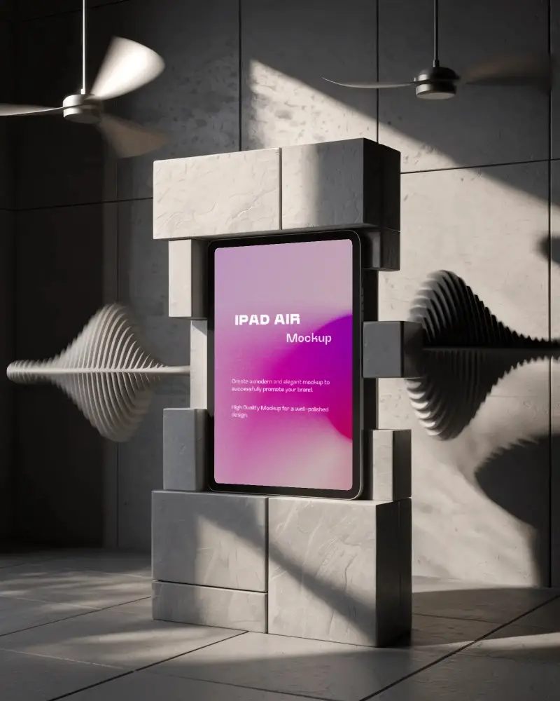 ipad-air-mockup-framed-in-geometric-stone-structure-with-waveforms-and-shadow-cast