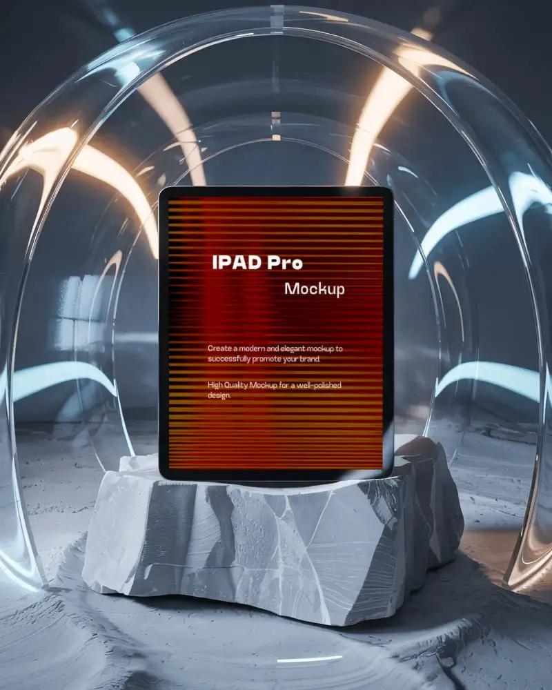 ipad-pro-mockup-on-rough-stone-pedestal-under-clear-glass-arch-in-sci-fi-lighted-room