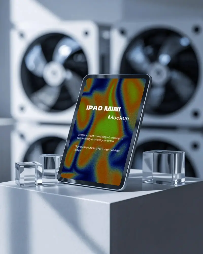 ipad-mini-mockup-on-white-pedestal-with-cooling-fans-and-glass-cubes-in-tech-studio
