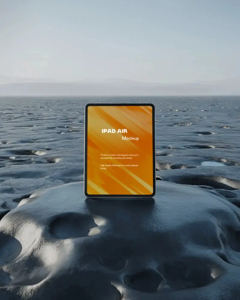 sleek-ipad-air-mockup-upright-on-textured-rock-platform-under-clear-sky-with-surreal-natural-horizon