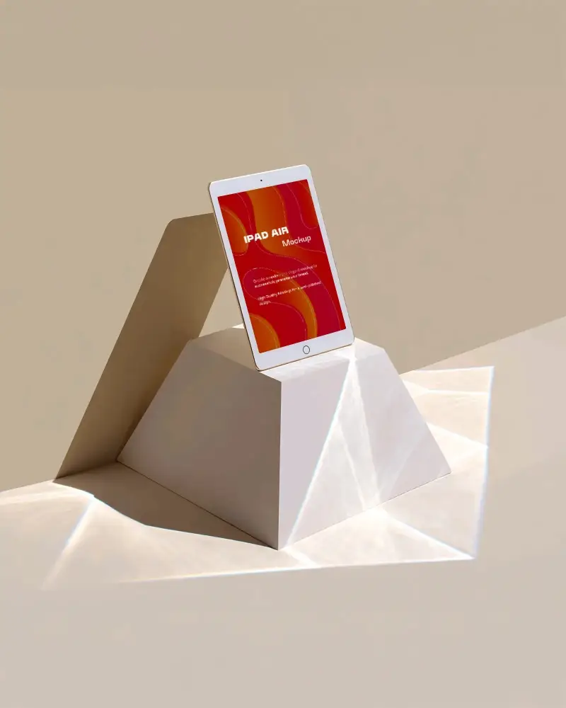 ipad-air-mockup-standing-on-geometric-pyramid-pedestal-in-studio-light-with-modern-artistic-style