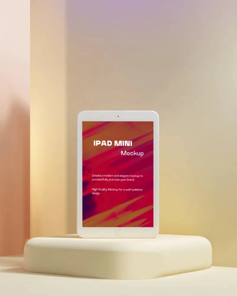 Ipad Mini Mockup Standing On Soft Rounded Pedestal In Studio With Gradient Background