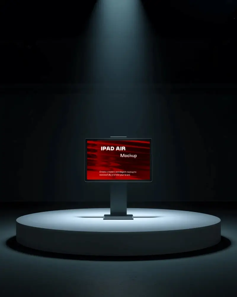 Ipad Air Mockup On Pedestal Under Spotlight In Dark Studio With Modern Minimal Presentation