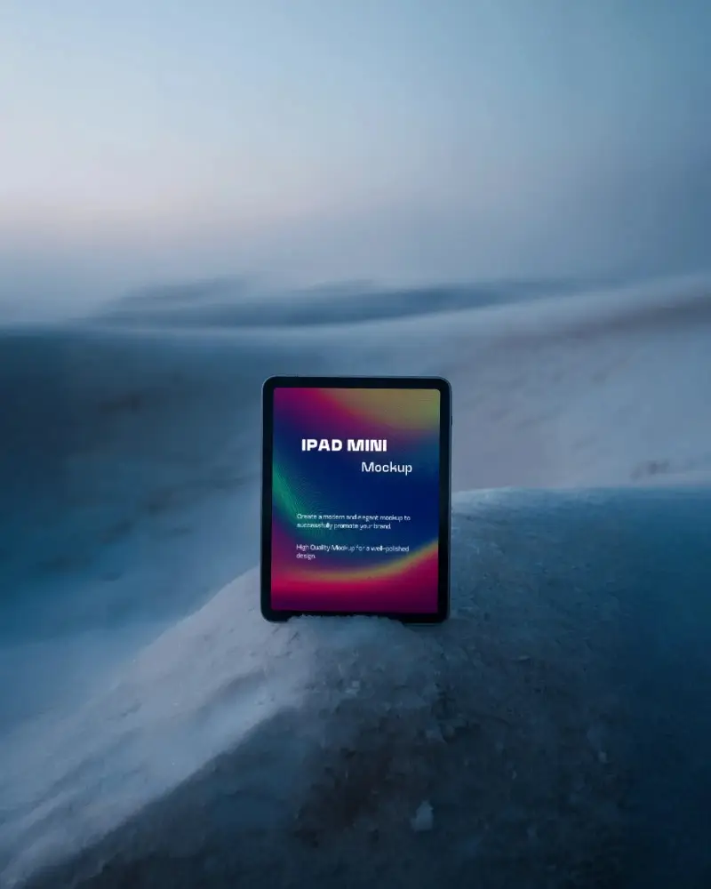 Minimalist Ipad Mini Mockup On Snowy Landscape In Soft Blue Dusk Light Modern Digital Display Scene
