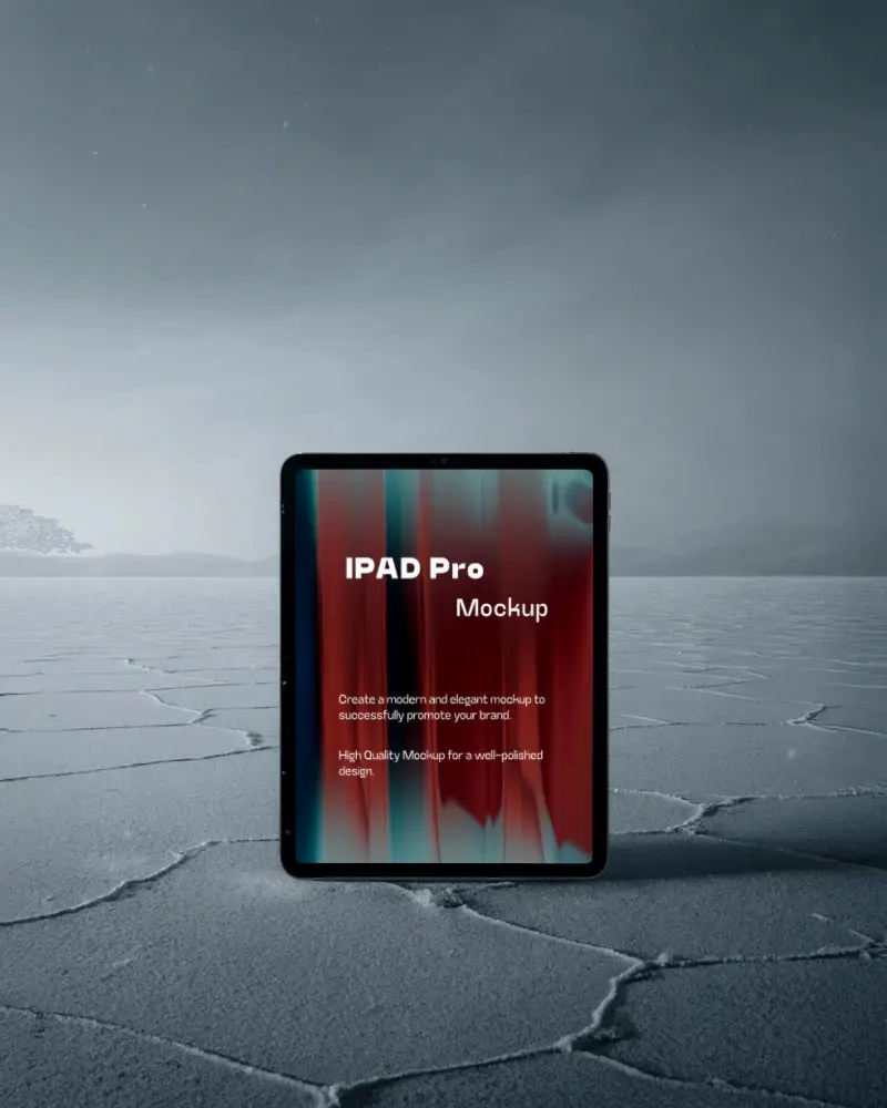 Futuristic Ipad Pro Mockup Tablet Standing On Desert Floor With Stark Texture And Hazy Mountain