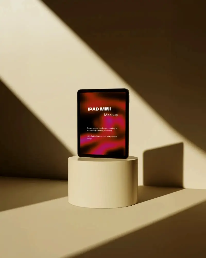 Artistic Ipad Mini Mockup Digital Tablet On Pedestal In Studio With Dramatic Light And Shadow Play