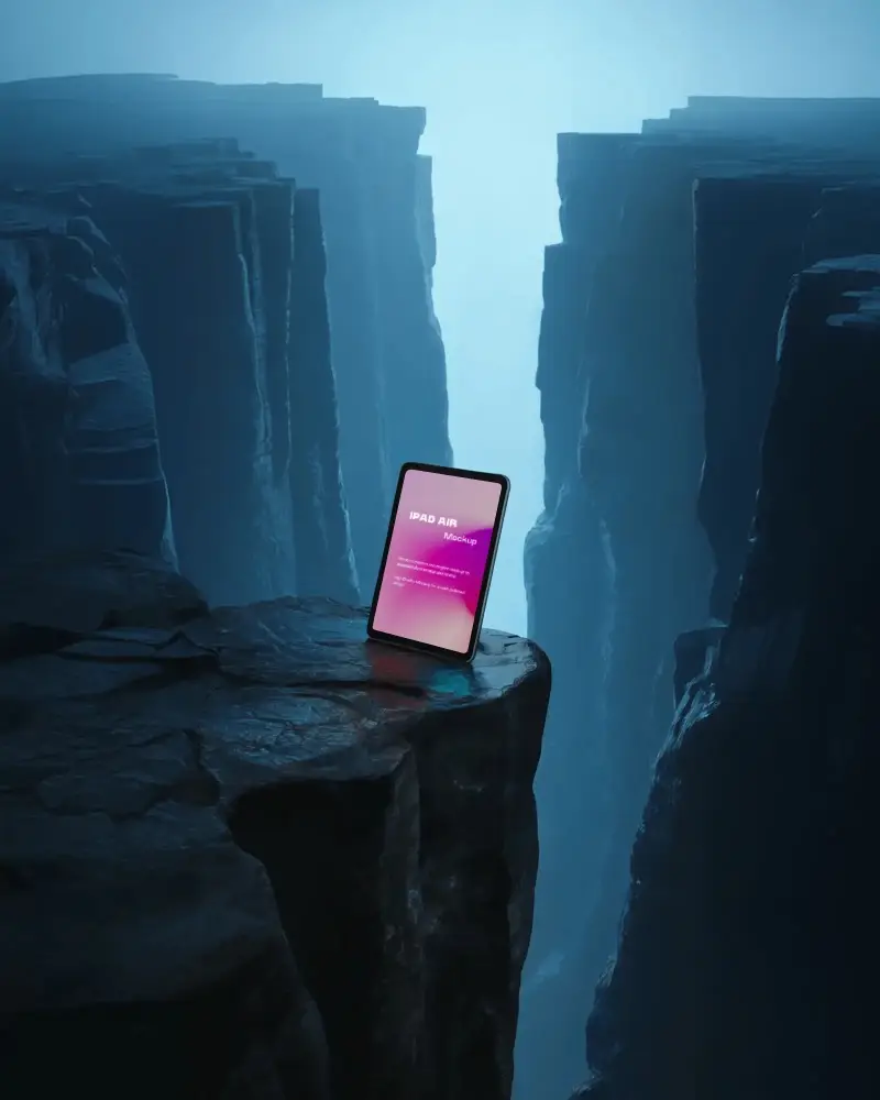 Dramatic Ipad Air Mockup Digital Tablet On Rocky Cliff Edge With Deep Canyon And Mystical Blue Light
