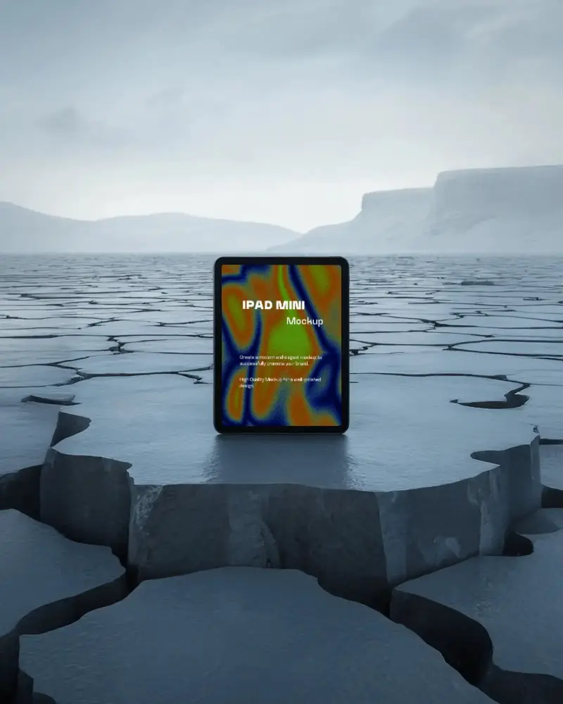 Surreal Ipad Mini Mockup Digital Tablet On Cracked Earth Platform In Moody Desert Landscape Setting