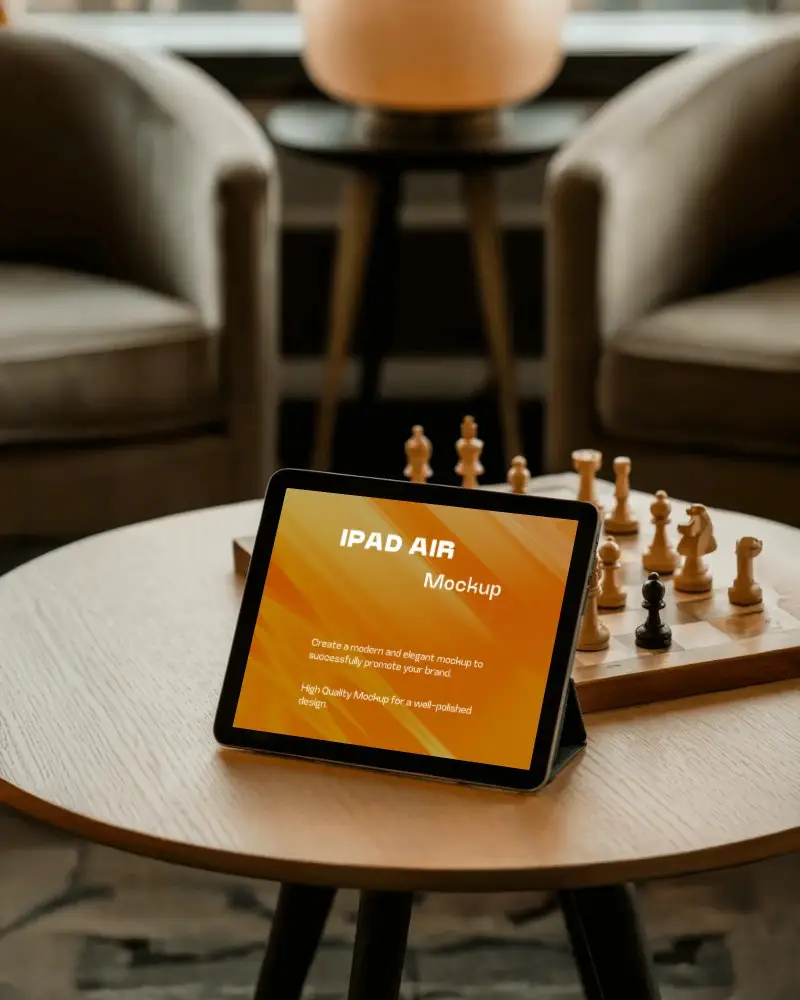 Cozy Ipad Air Mockup Digital Tablet On Wooden Table Beside Chess Set In Warm Lounge Interior Setting