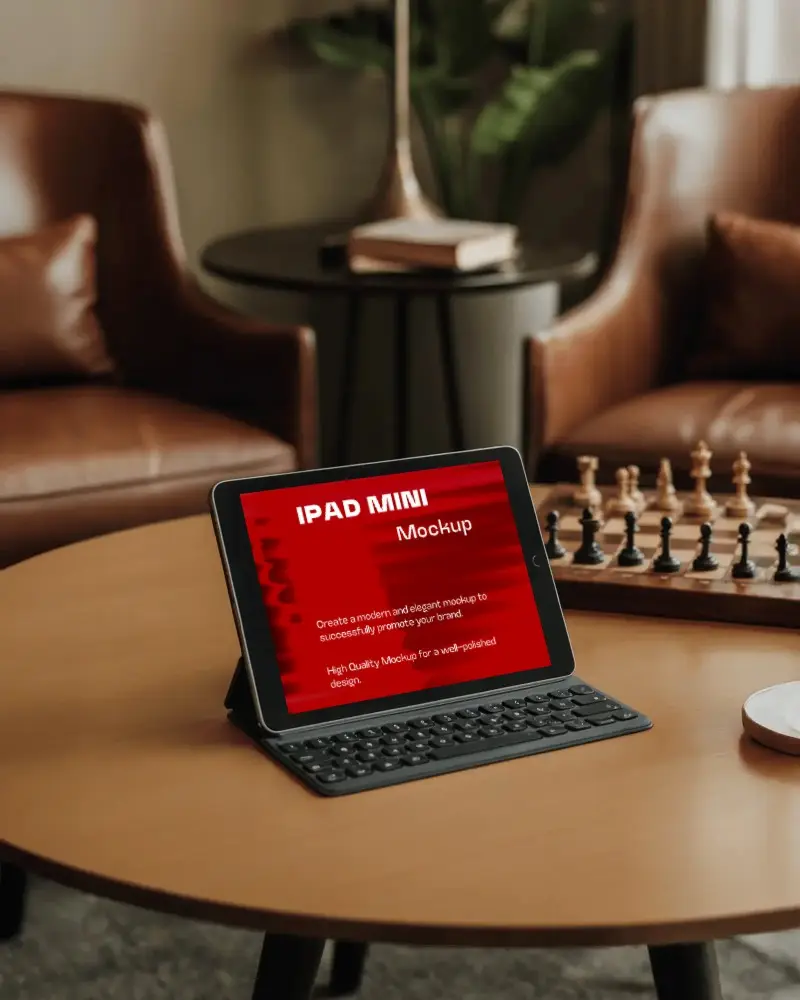 Stylish Ipad Mini Mockup Modern Device Staged On Table In Warm Interior With Chessboard Background