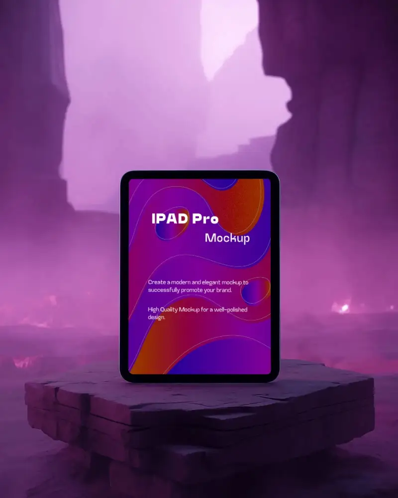 Surreal Ipad Pro Mockup Digital Tablet On Stone Platform With Dramatic Purple Mist And Rock