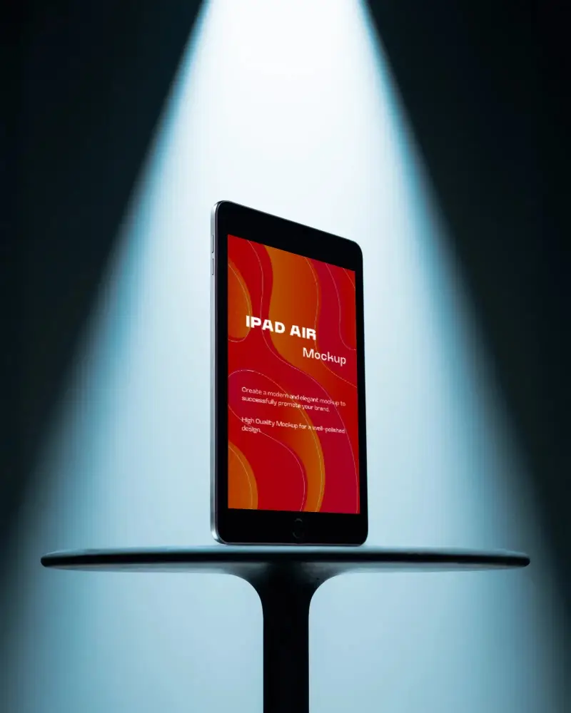 Dramatic Ipad Air Mockup Digital Tablet In Spotlight On Pedestal With Dark Background Studio Style