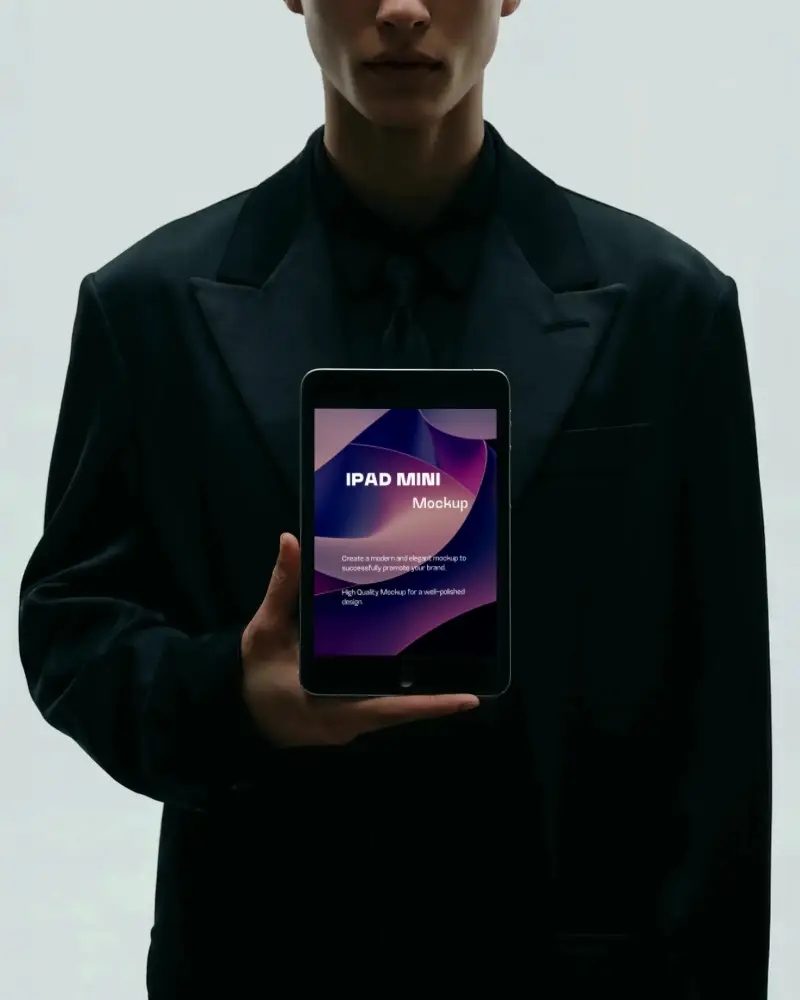 Elegant Ipad Mini Mockup Digital Tablet Held In Hand By Person In Formal Black Suit Minimal Style