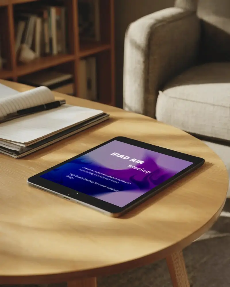 Stylish Ipad Air Mockup Modern Device On Desk With Open Notebook In Comfortable Home Study Setting