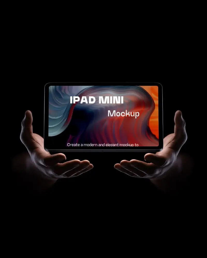 Dramatic Ipad Mini Mockup Digital Tablet Floating Above Hands In Dark Studio With Subtle Lighting