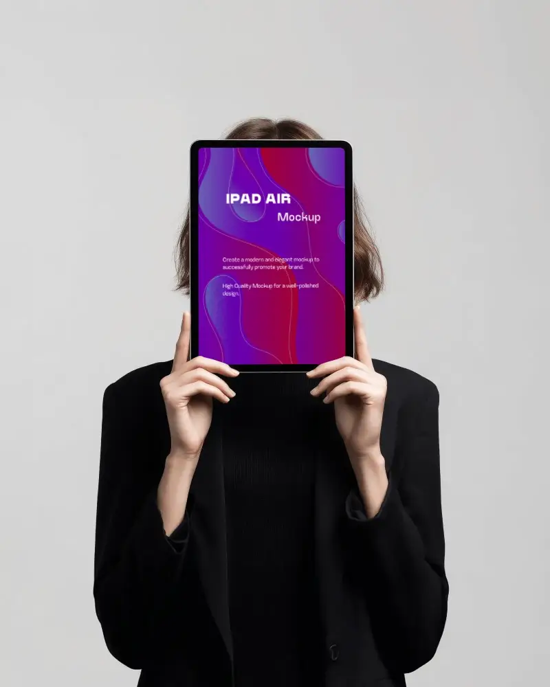 Modern Ipad Air Mockup Digital Tablet Held In Front Of Face By Person In Black Outfit Minimal Style