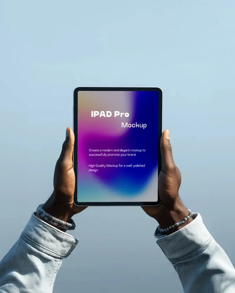 Minimalist Outdoor Ipad Pro Mockup Hands Holding Device Against Clear Sky Background