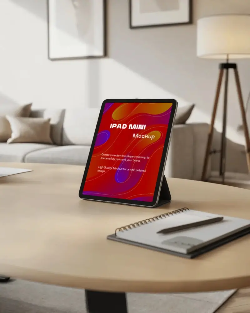 Premium Ipad Mini Mockup Stylish Tablet Placed On Wooden Table Home Interior Background