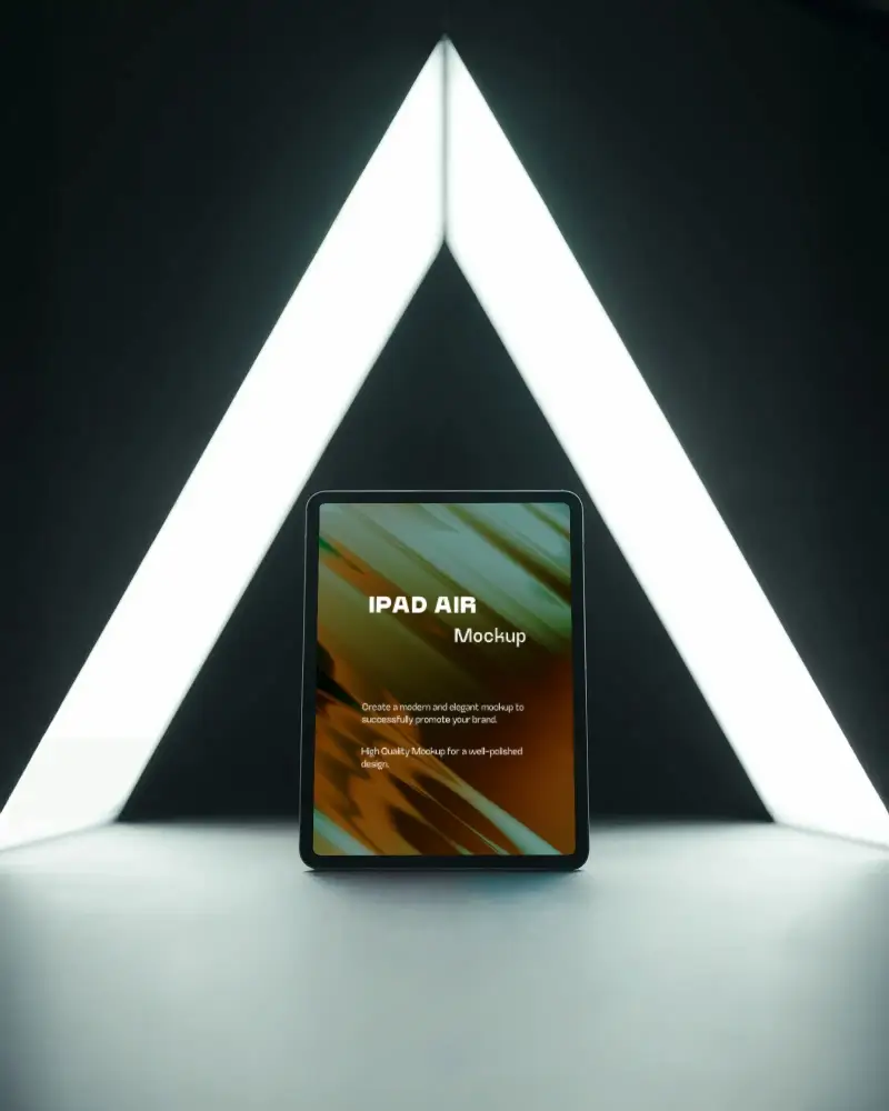 Futuristic Ipad Air Mockup Digital Tablet In Dark Room With Triangle Neon Light Background