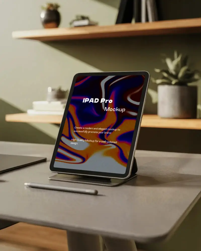Premium Ipad Pro Mockup Digital Device With Stylus On Work Desk Minimal And Cozy Interior