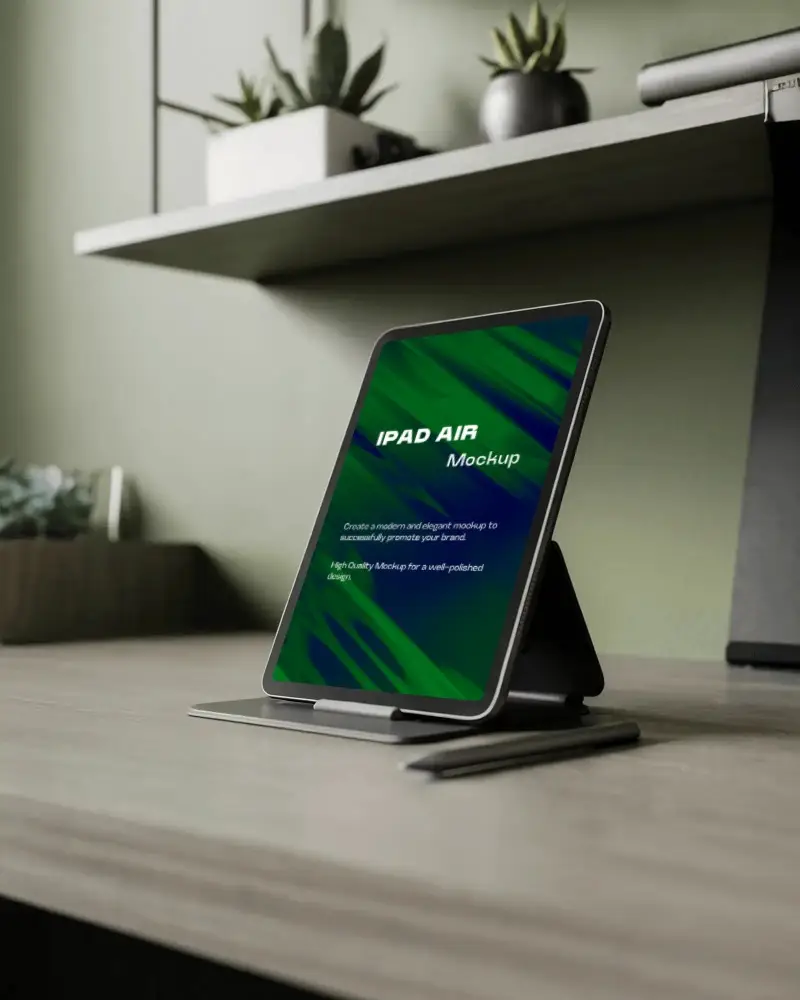 Modern Ipad Air Mockup Digital Tablet On Desk In Cozy Home Office With Green Wall And Plants