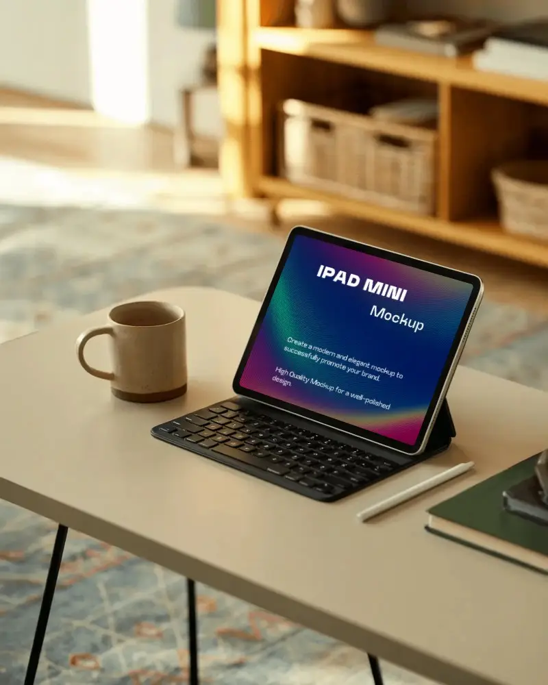 Cozy Ipad Mini Mockup Digital Tablet On Desk With Keyboard Stylus And Coffee In Warm Home Setting