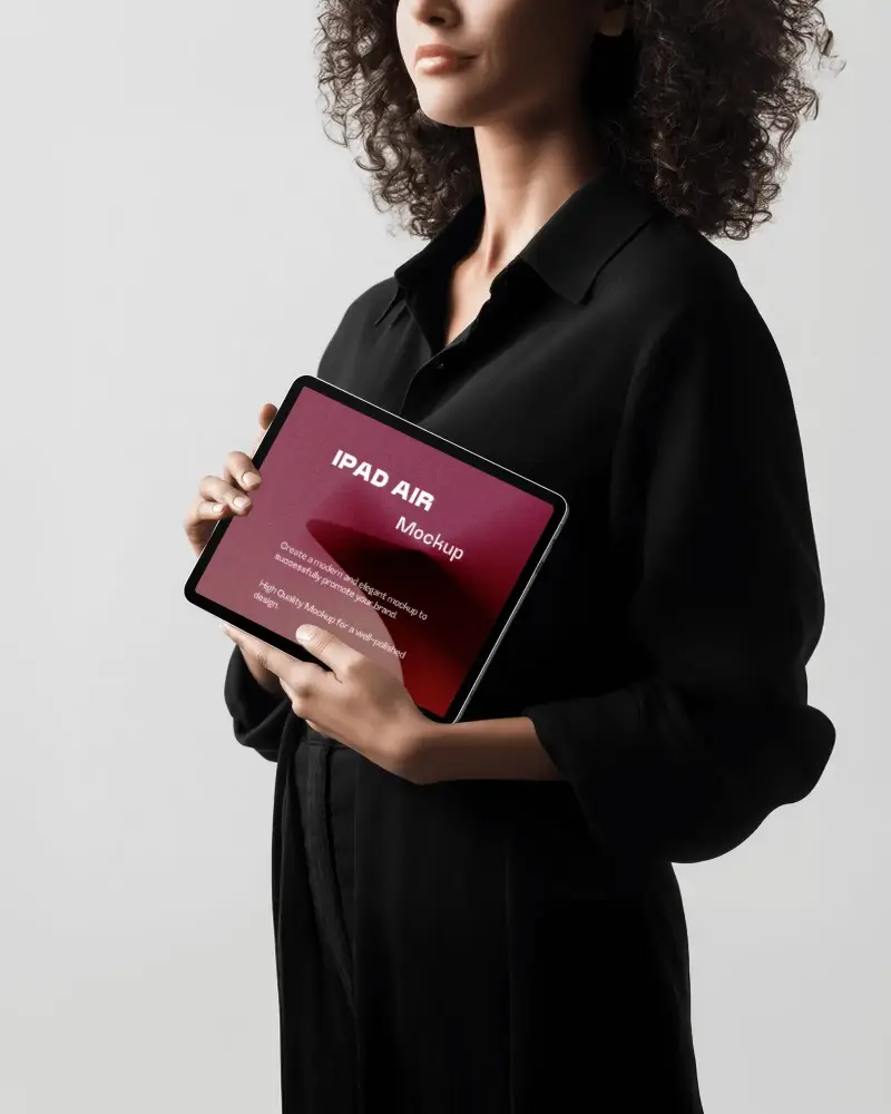 Modern Ipad Air Mockup Device In Hands Of Woman Wearing Black Outfit Against Neutral Backdrop