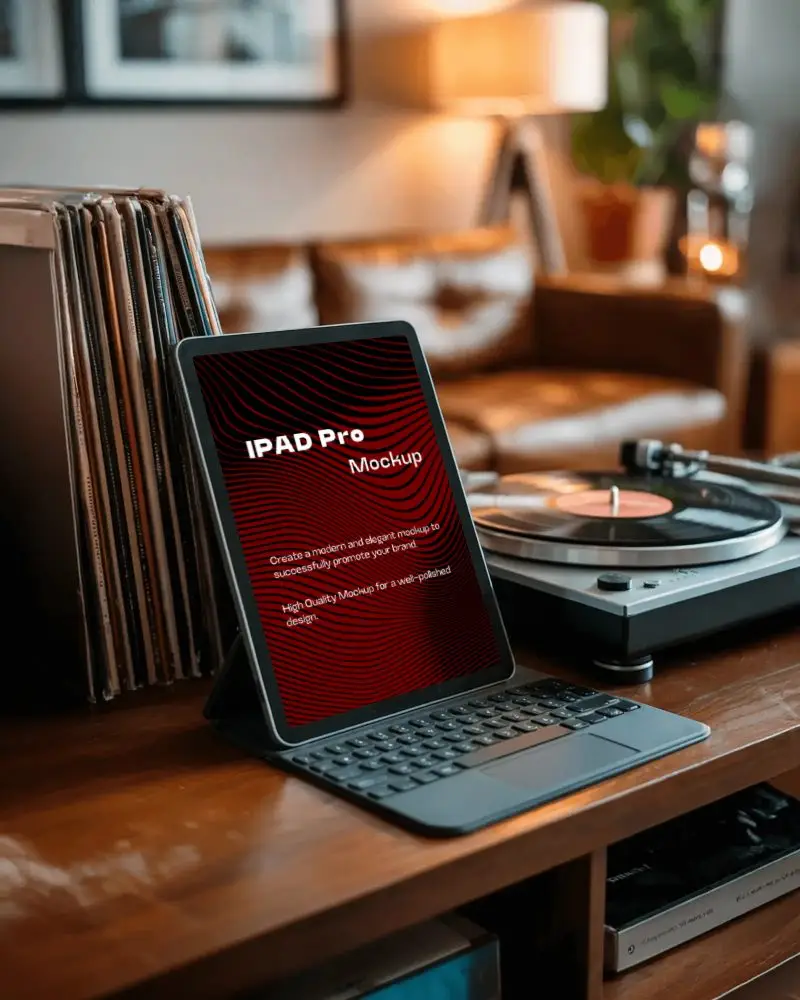 Modern Ipad Pro Mockup Digital Tablet On Desk With Keyboard In Cozy Room With Vinyl Record Player