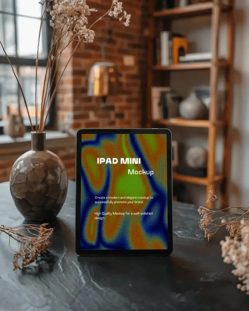 Sleek Ipad Mini Mockup Digital Device Staged On Table With Dried Flowers In Warm Rustic Setting