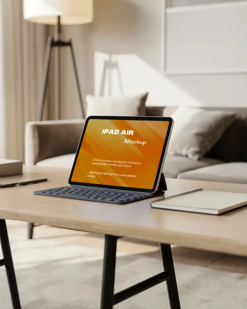Sleek Ipad Air Mockup Digital Device On Desk In Cozy Home Office With Couch And Floor Lamp