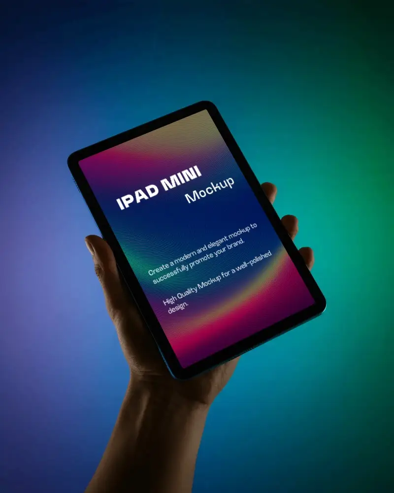 Ipad Mini Handheld Mockup Digital Tablet Display In Hand With Stylish Gradient Lighting