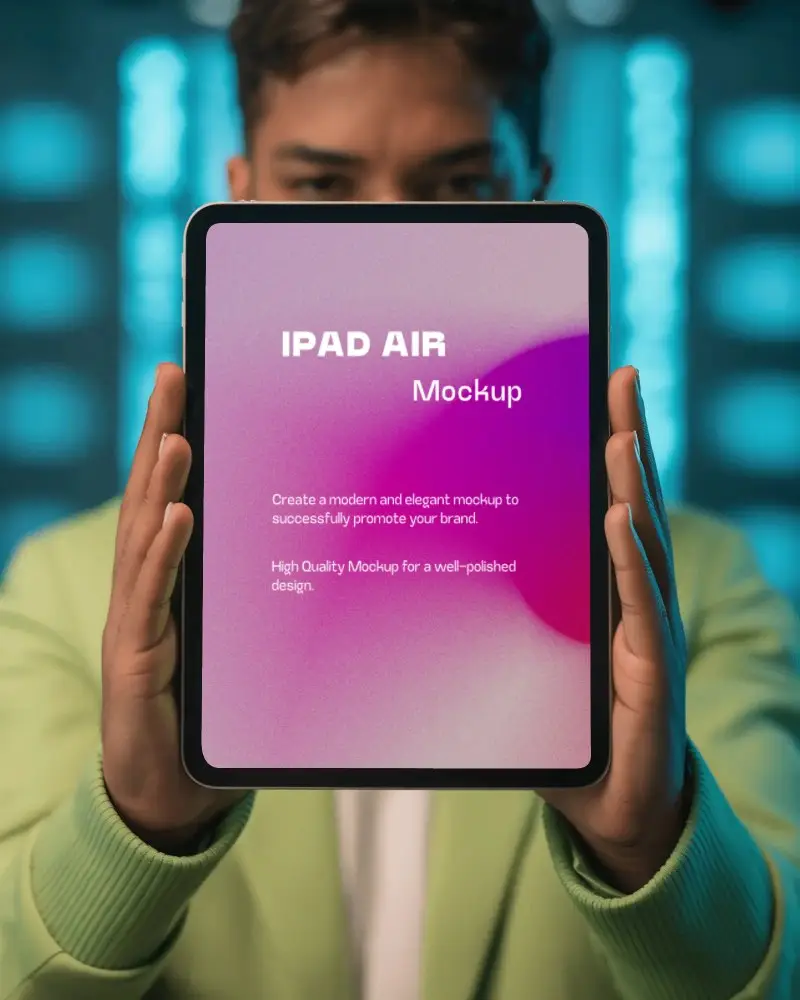 Ipad Air Front Mockup Man Holding Digital Tablet Upright With Futuristic Blue Light Background