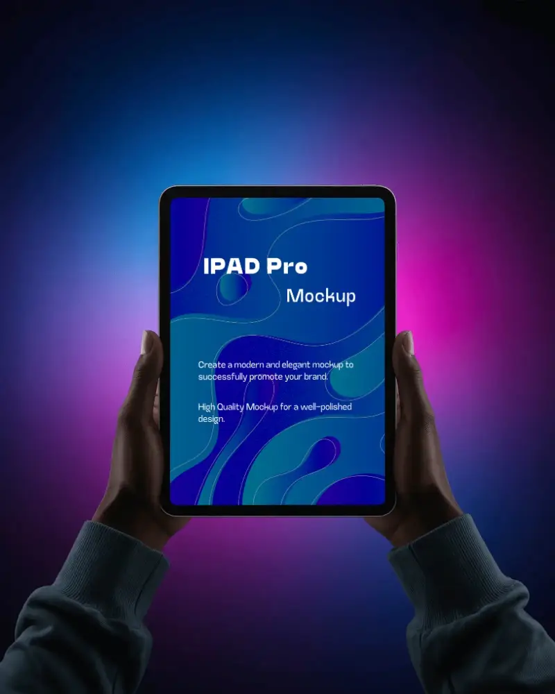 Ipad Pro Vertical Mockup Digital Tablet Held With Both Hands Against Neon Blue Purple Gradient