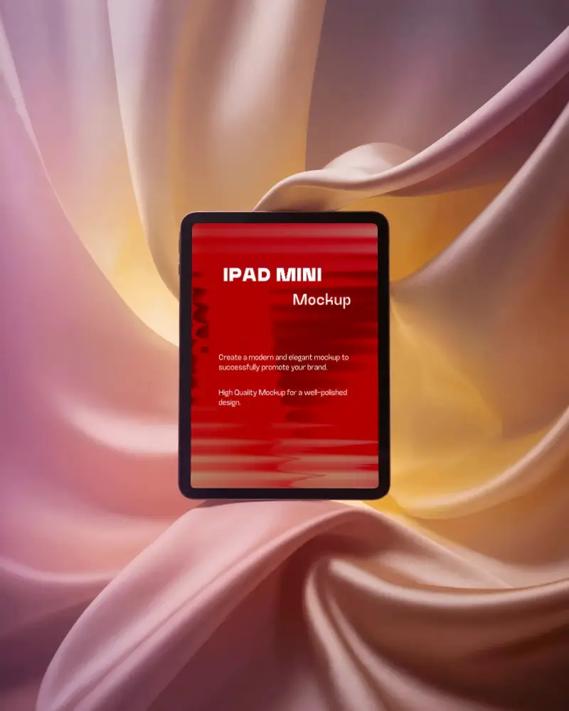 Ipad Mini Mockup Digital Tablet Centered Against Soft Satin Fabric Folds In Glowing Studio Light