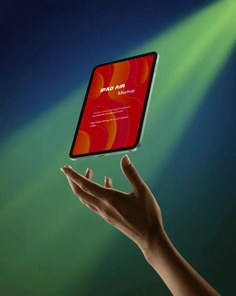 Premium Ipad Air Digital Mockup Vertical Device Rising From Hand Under Dramatic Green Lighting