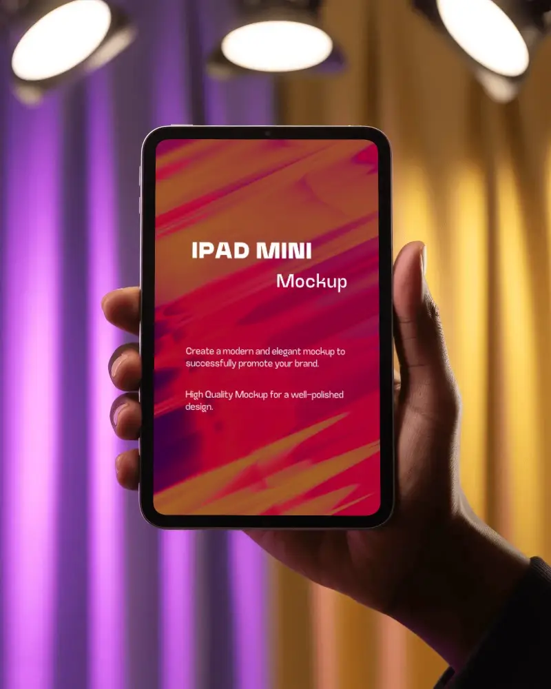 Premium Ipad Mini Digital Mockup Vertical Tablet Held In Hand Against Purple Yellow Stage Light