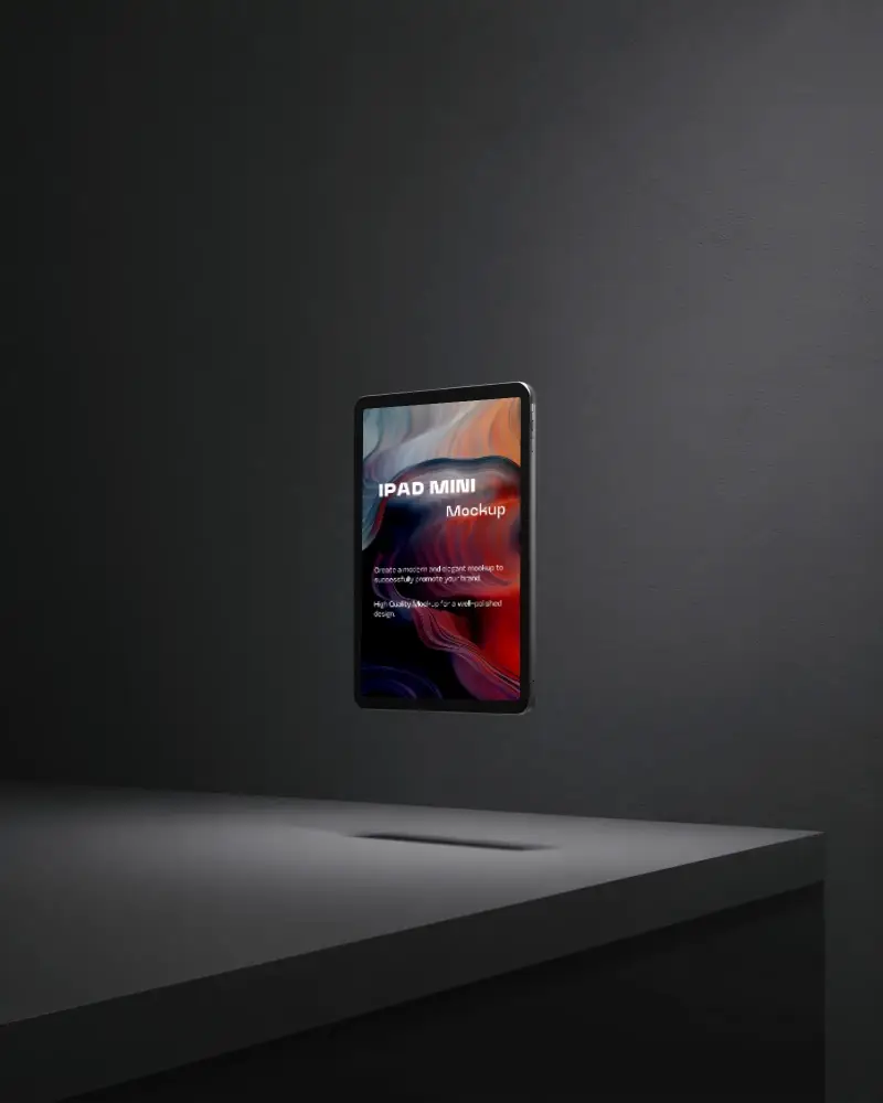 Ipad Mini Floating Mockup In Dark Minimalist Studio With Soft Light And Shadows