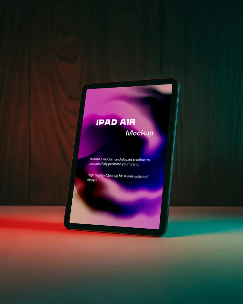 Stylish Ipad Air Upright Mockup In Modern Wood Backdrop With Red And Green Lighting
