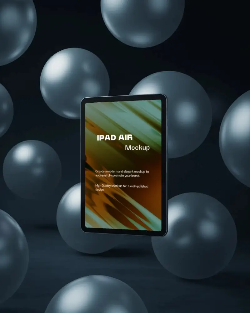 Ipad Air Floating Mockup Among Metallic 3d Spheres On Dark Futuristic Background