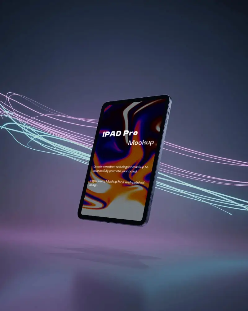 Ipad Pro Floating Mockup With Futuristic Neon Light Trails In Dark Digital Background